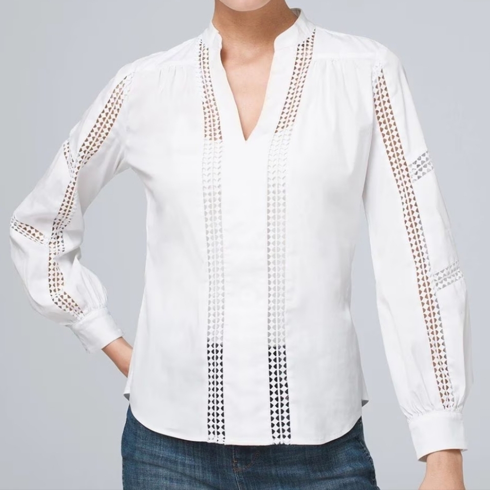 NWT White House Black Market White  Blouse With Lace Cutouts
